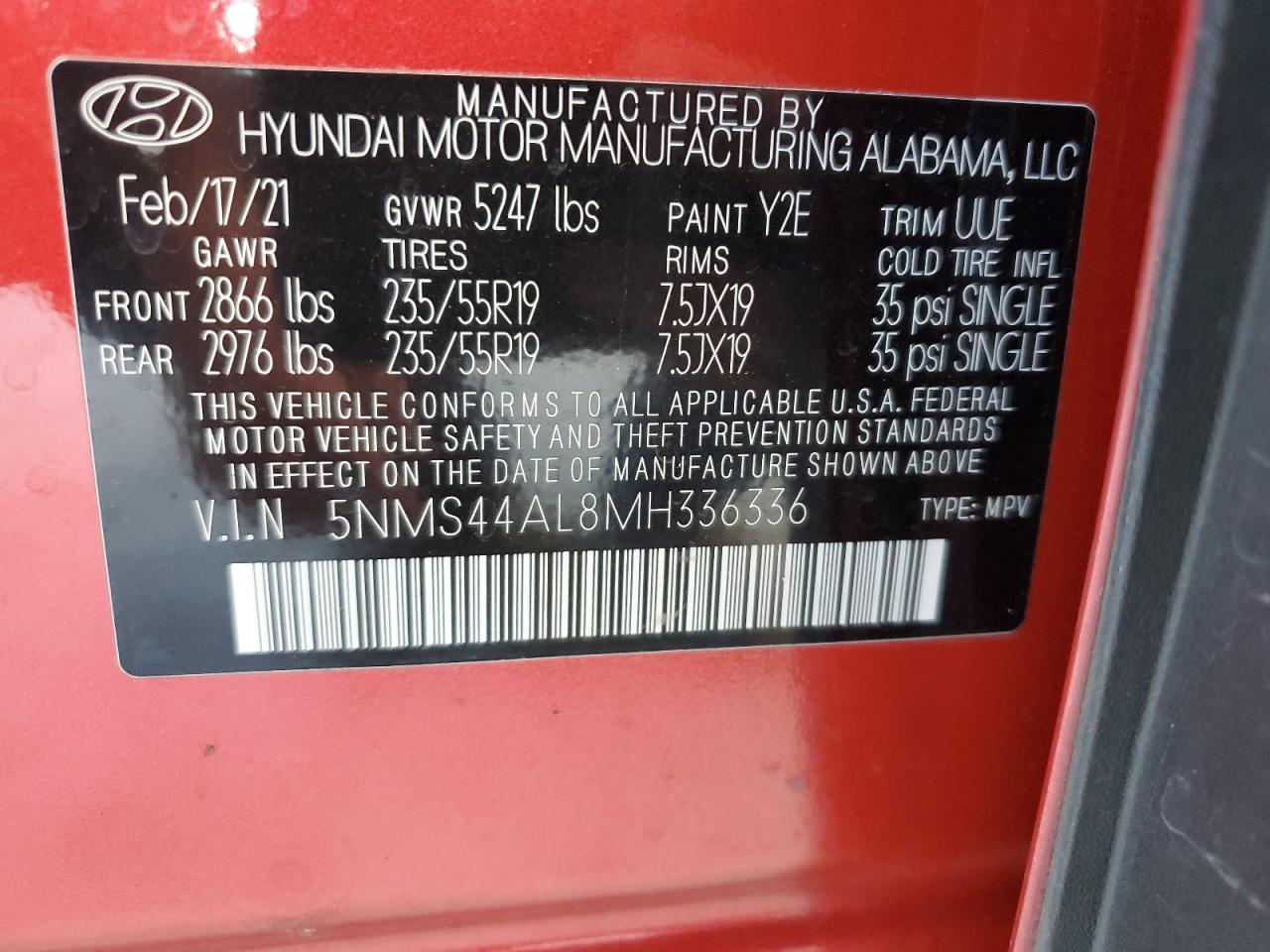 2021 Hyundai Santa Fe Limited VIN: 5NMS44AL8MH336336 Lot: 87060895