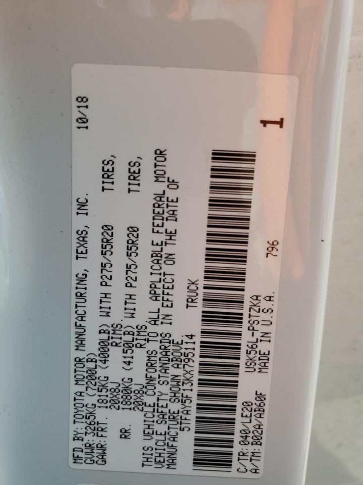 2019 Toyota Tundra Crewmax 1794 VIN: 5TFAY5F13KX795114 Lot: 82403205