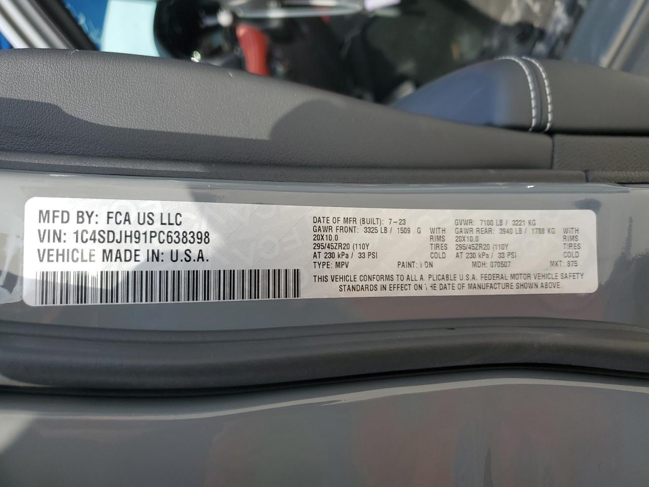 2023 Dodge Durango Srt Hellcat VIN: 1C4SDJH91PC638398 Lot: 89675335