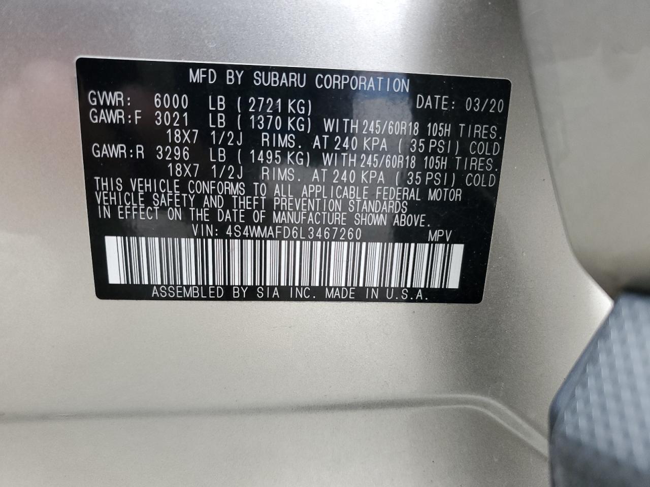 2020 Subaru Ascent Premium VIN: 4S4WMAFD6L3467260 Lot: 85382915