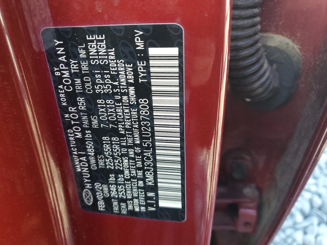 2020 Hyundai Tucson Limited VIN: KM8J3CAL5LU237808 Lot: 85574235