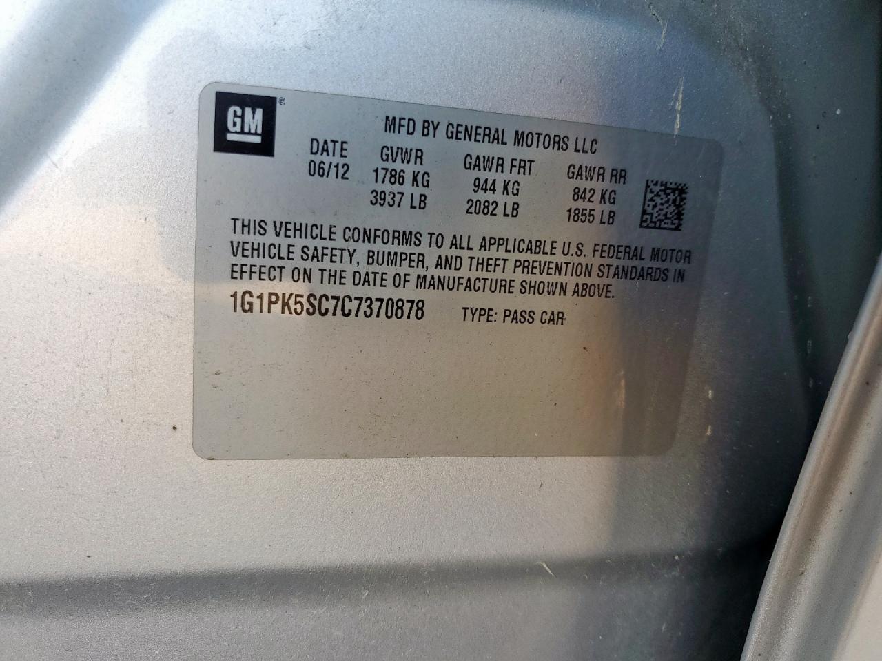 2012 Chevrolet Cruze Eco VIN: 1G1PK5SC7C7370878 Lot: 85325055