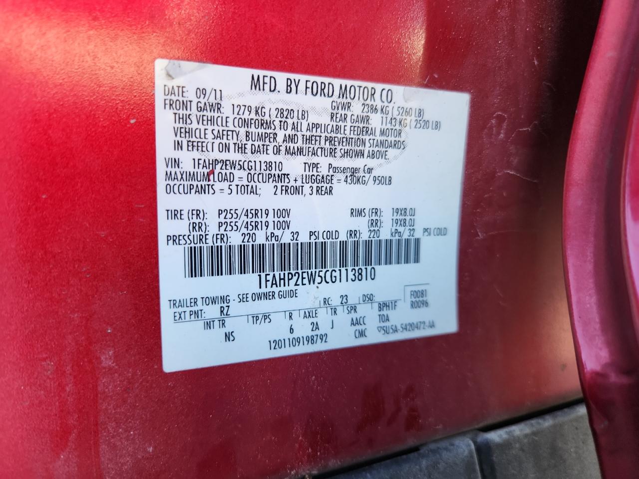 2012 Ford Taurus Sel VIN: 1FAHP2EW5CG113810 Lot: 87467615