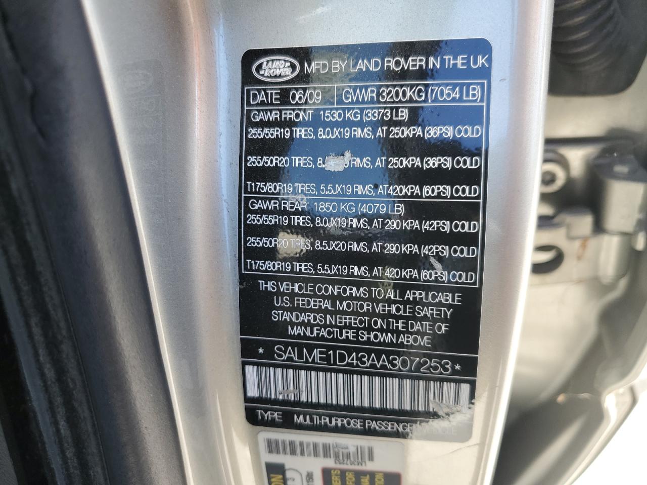 2010 Land Rover Range Rover Hse VIN: SALME1D43AA307253 Lot: 85748185