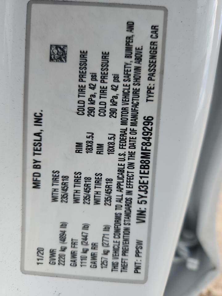 2021 Tesla Model 3 VIN: 5YJ3E1EB8MF849296 Lot: 81868035
