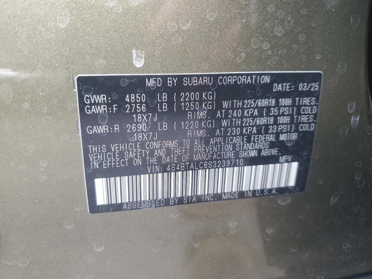 2025 Subaru Outback Onyx Edition VIN: 4S4BTALC6S3239710 Lot: 86467425