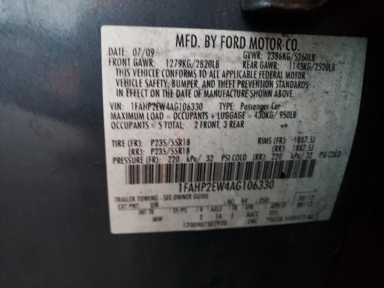 2010 Ford Taurus Sel VIN: 1FAHP2EW4AG106330 Lot: 85959195