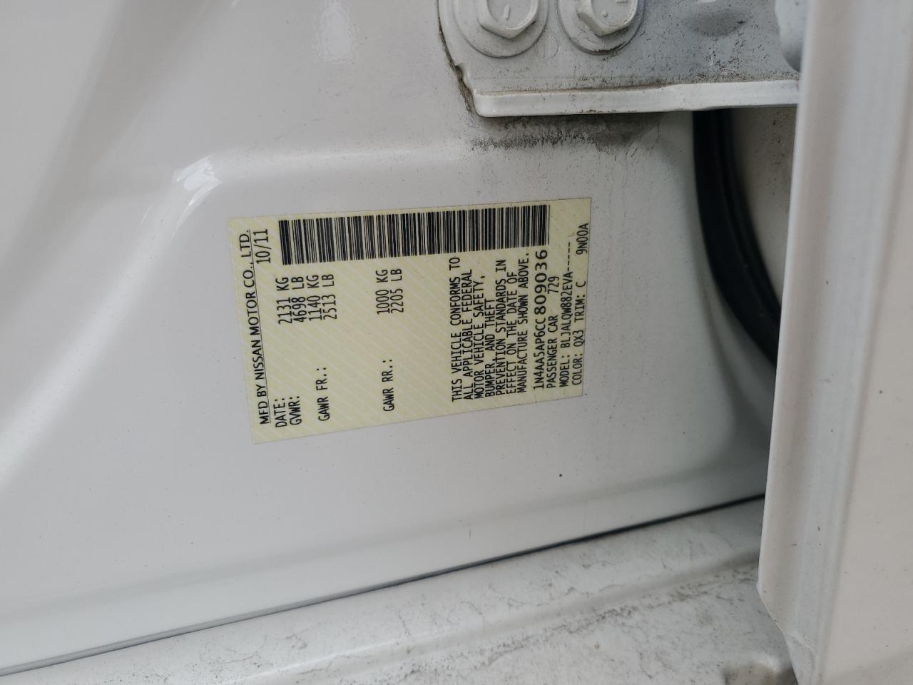 2012 Nissan Maxima S VIN: 1N4AA5AP6CC809036 Lot: 82242695