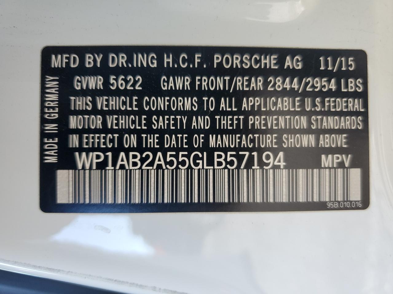 2016 Porsche Macan S VIN: WP1AB2A55GLB57194 Lot: 85594815