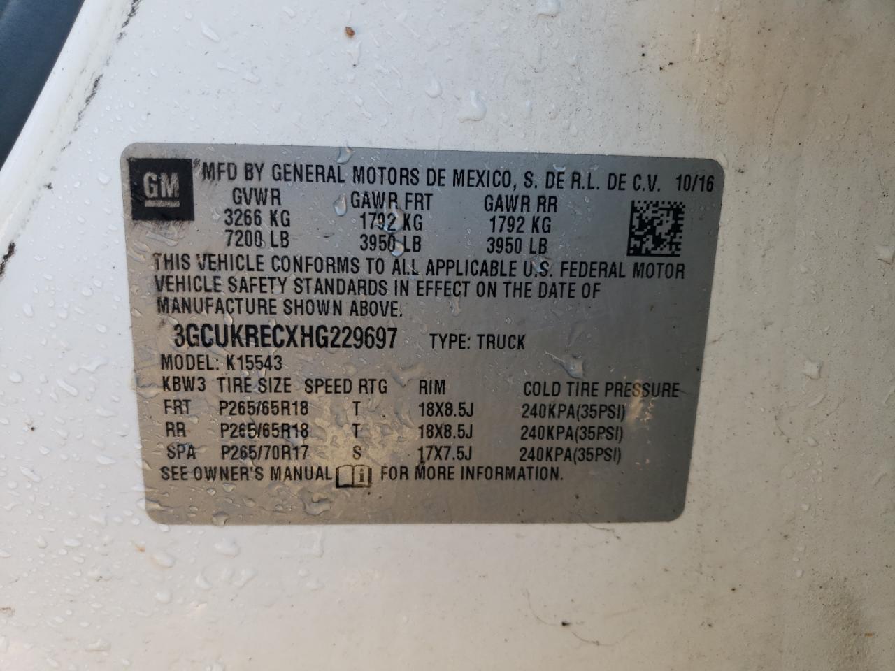 2017 Chevrolet Silverado K1500 Lt VIN: 3GCUKRECXHG229697 Lot: 87282135