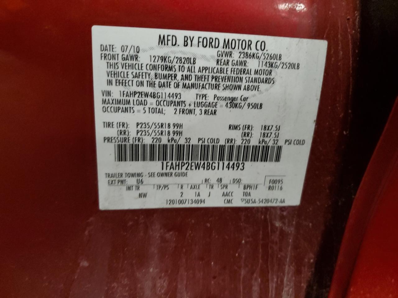 2011 Ford Taurus Sel VIN: 1FAHP2EW4BG114493 Lot: 90417845