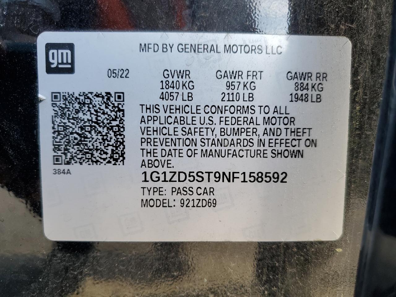 2022 Chevrolet Malibu Lt VIN: 1G1ZD5ST9NF158592 Lot: 84876105