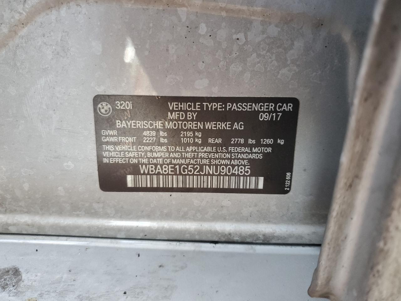 2018 BMW 320 I VIN: WBA8E1G52JNU90485 Lot: 85697765