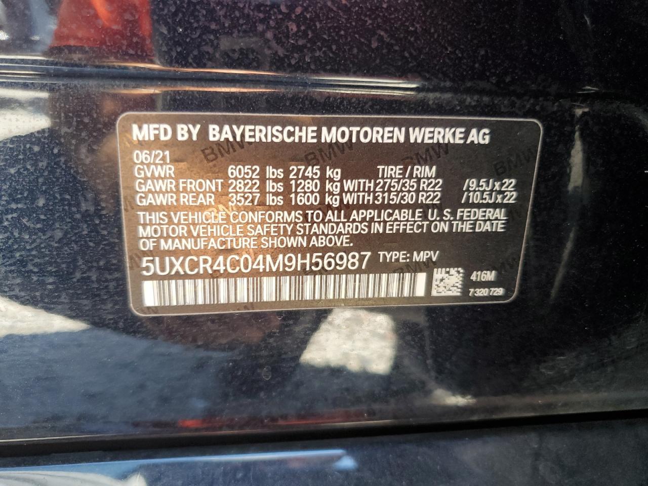 2021 BMW X5 Sdrive 40I VIN: 5UXCR4C04M9H56987 Lot: 86540515