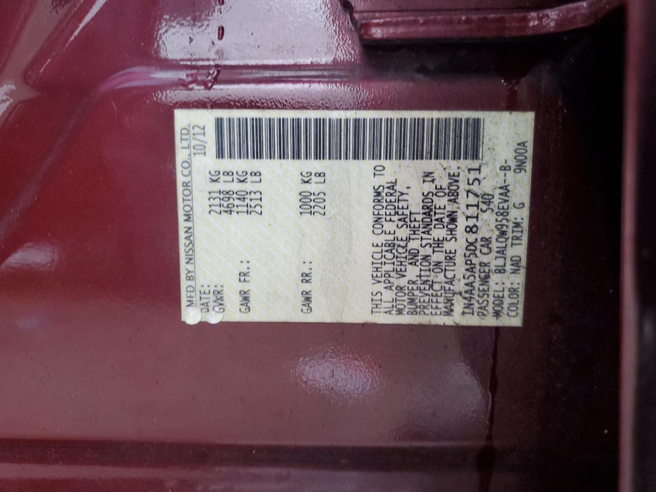 2013 Nissan Maxima S VIN: 1N4AA5AP5DC811751 Lot: 86069905