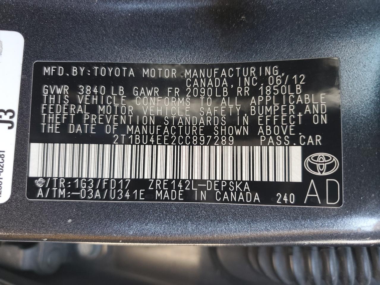 2012 Toyota Corolla Base VIN: 2T1BU4EE2CC897289 Lot: 86117155