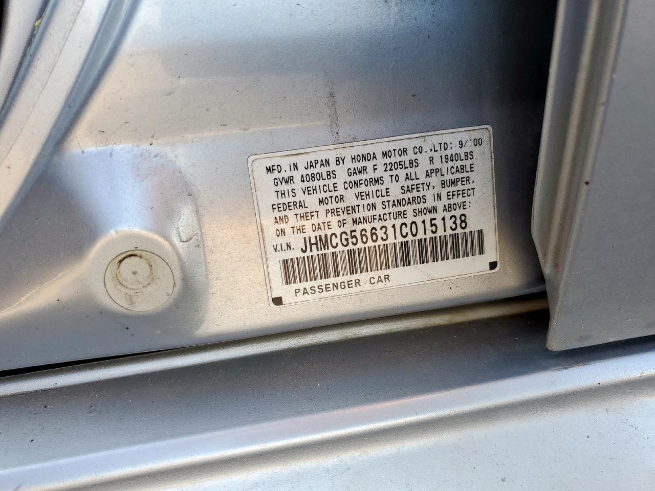 2001 Honda Accord Ex VIN: JHMCG56631C015138 Lot: 85295645