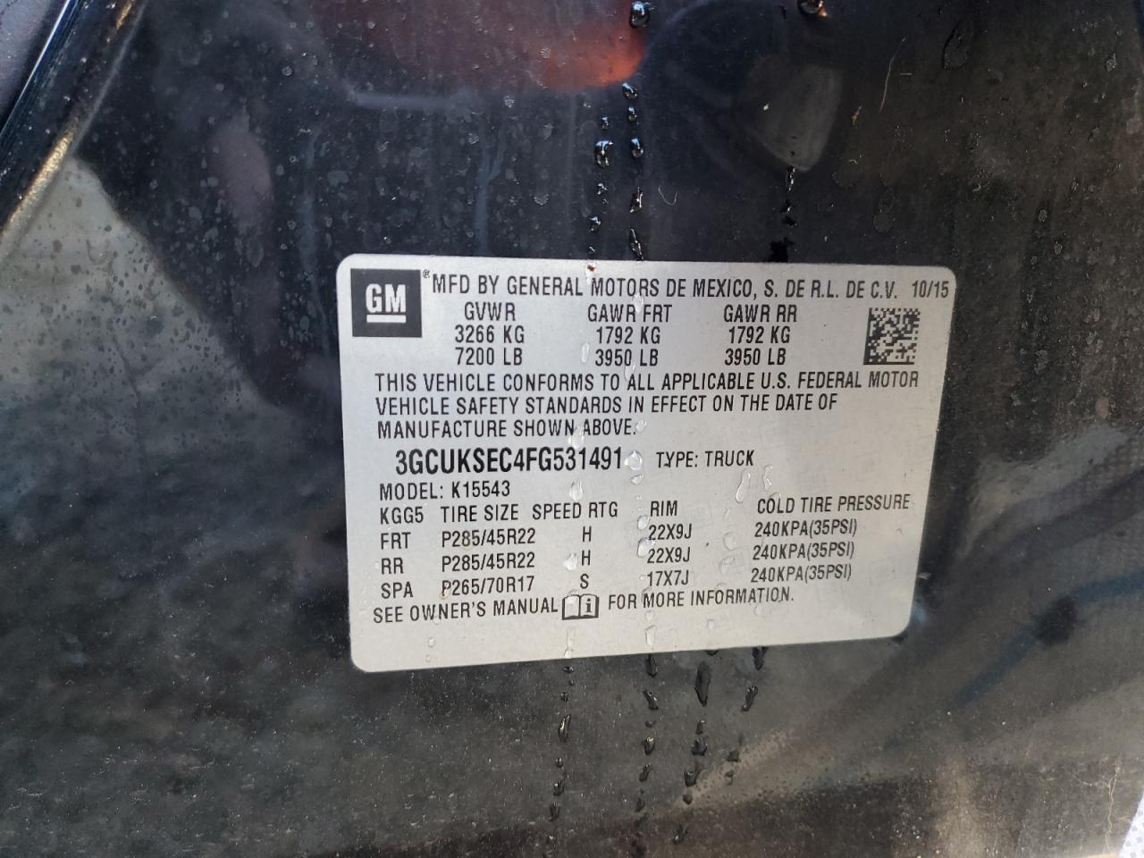 2015 Chevrolet Silverado K1500 Ltz VIN: 3GCUKSEC4FG531491 Lot: 84446565