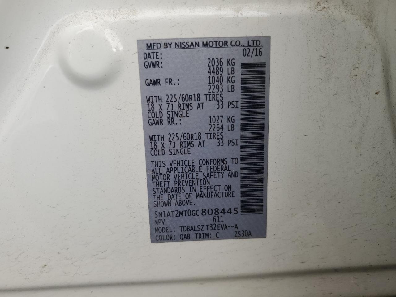 2016 Nissan Rogue S VIN: 5N1AT2MT0GC808445 Lot: 85152705