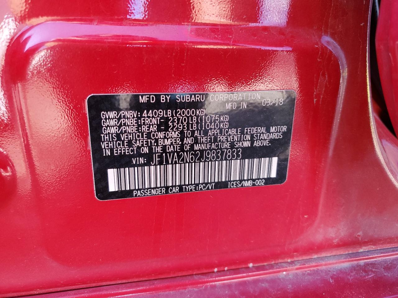 2018 Subaru Wrx Sti VIN: JF1VA2N62J9837833 Lot: 84918255