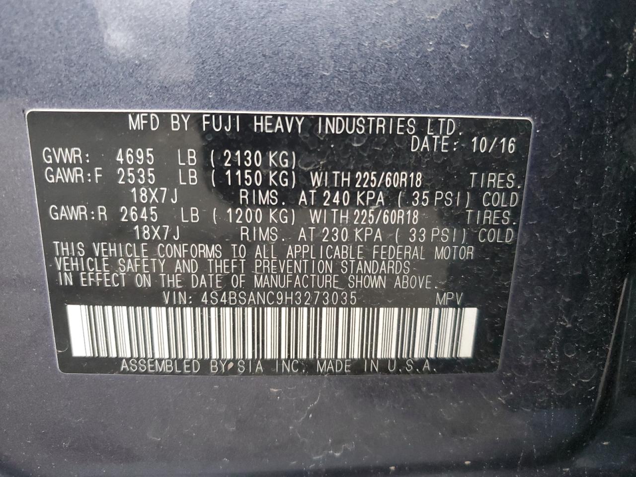 2017 Subaru Outback 2.5I Limited VIN: 4S4BSANC9H3273035 Lot: 85522835