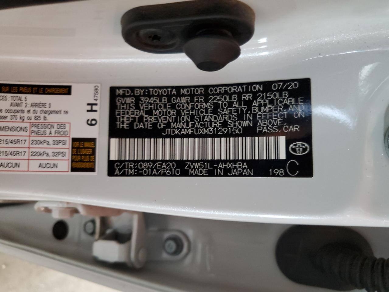 2021 Toyota Prius Special Edition VIN: JTDKAMFUXM3129150 Lot: 82233275