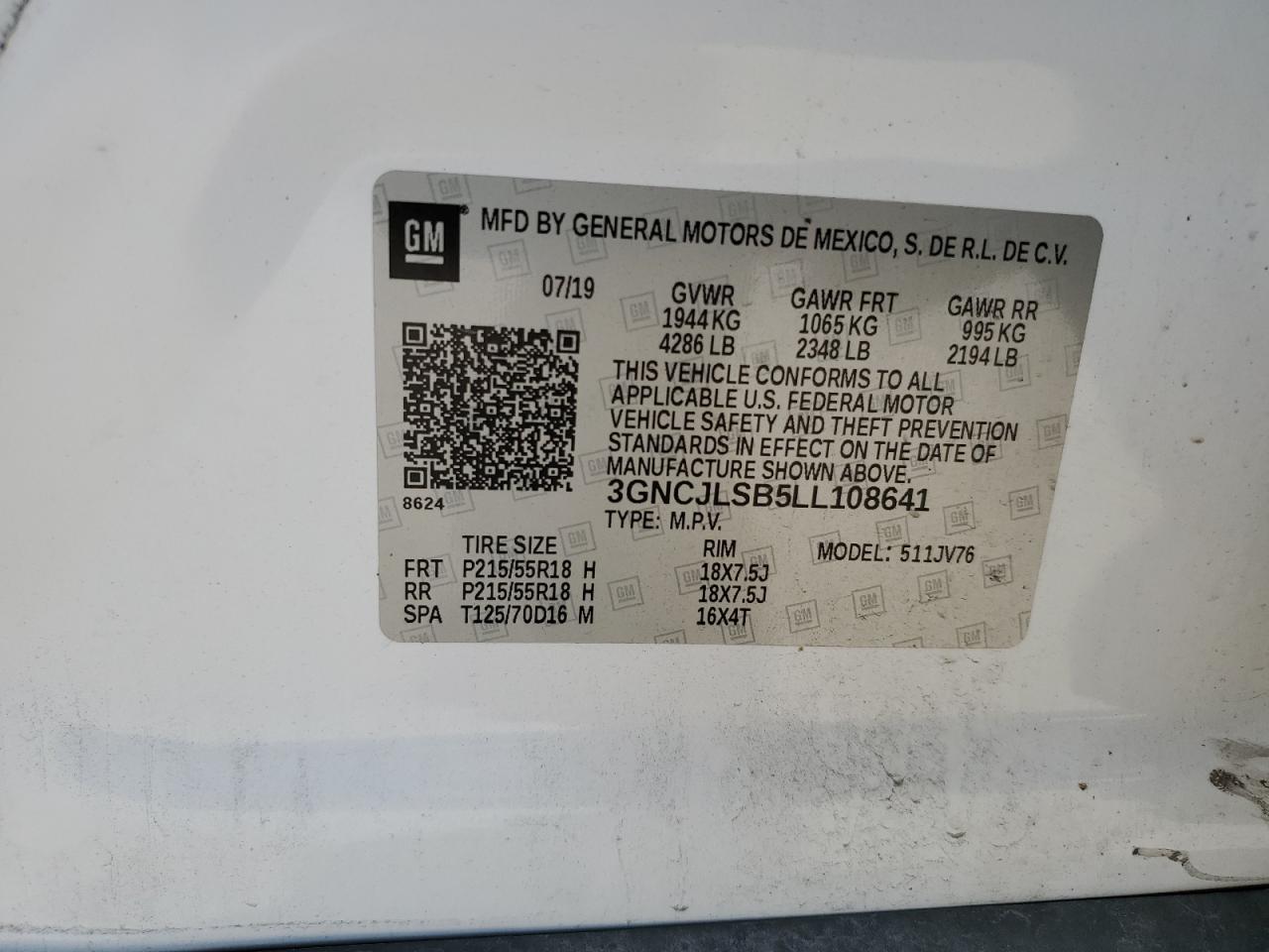 2020 Chevrolet Trax 1Lt VIN: 3GNCJLSB5LL108641 Lot: 84876445