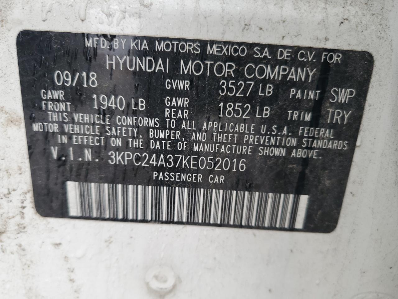 2019 Hyundai Accent Se VIN: 3KPC24A37KE052016 Lot: 90693535