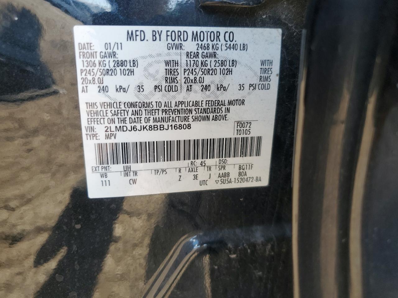 2011 Lincoln Mkx VIN: 2LMDJ6JK8BBJ16808 Lot: 84774295