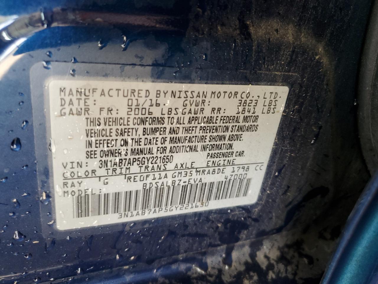 2016 Nissan Sentra S VIN: 3N1AB7AP5GY221650 Lot: 84894005