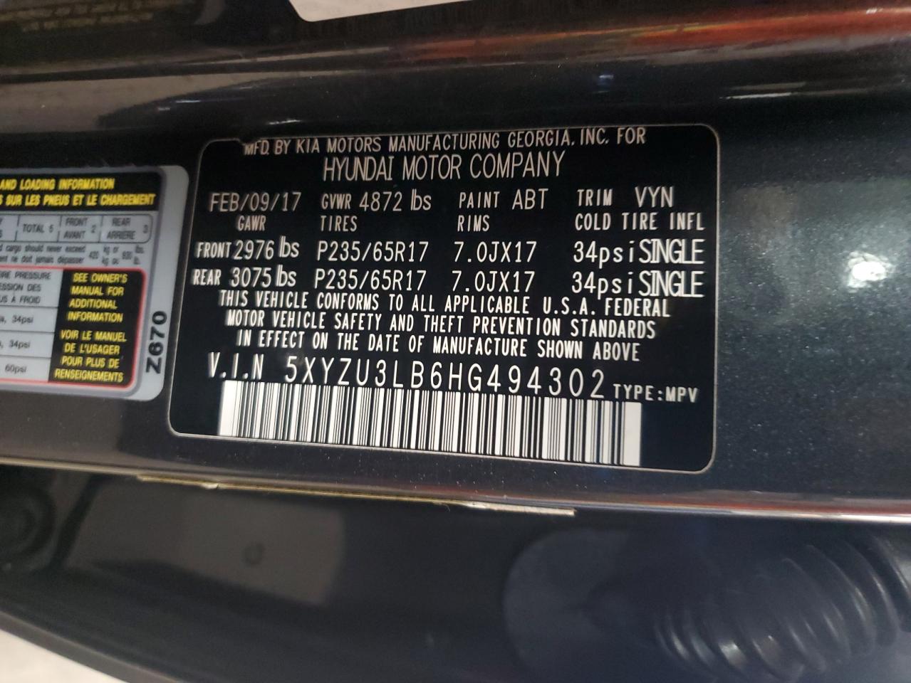2017 Hyundai Santa Fe Sport VIN: 5XYZU3LB6HG494302 Lot: 86087915
