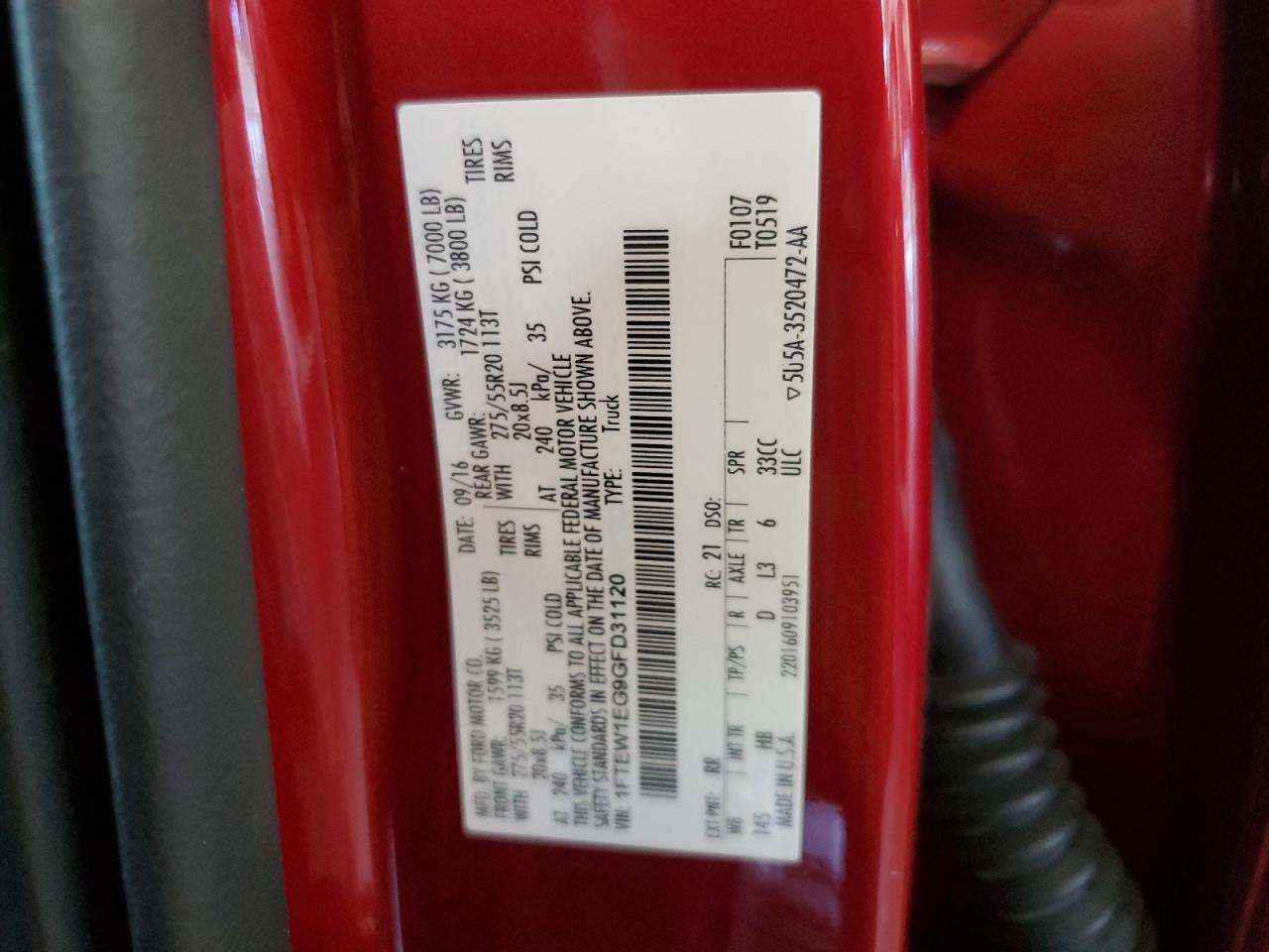 2016 Ford F150 Supercrew VIN: 1FTEW1EG9GFD31120 Lot: 85647935