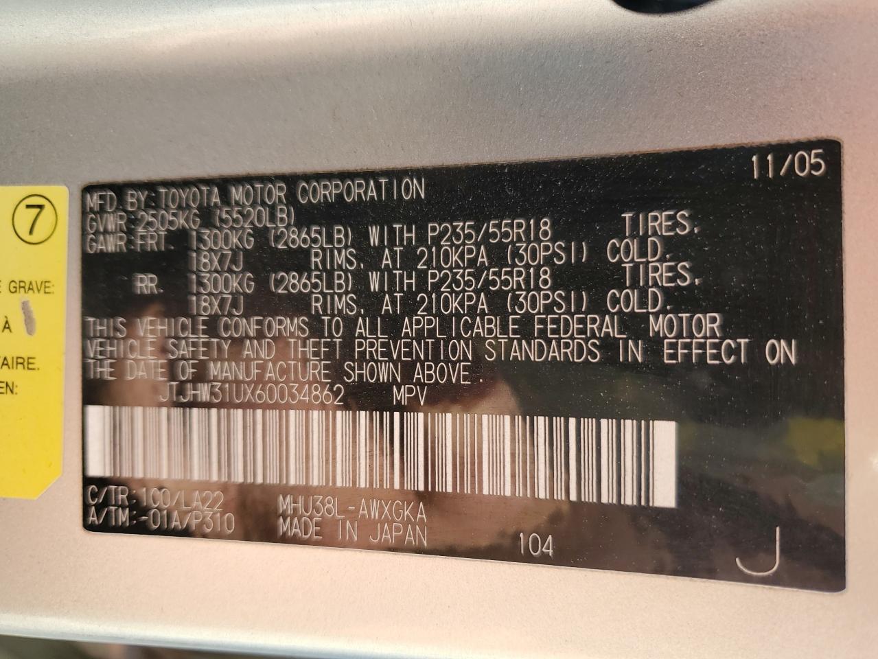 2006 Lexus Rx 400 VIN: JTJHW31UX60034862 Lot: 82363905