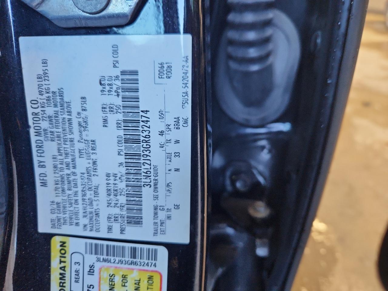 2016 Lincoln Mkz VIN: 3LN6L2J93GR632474 Lot: 87412995