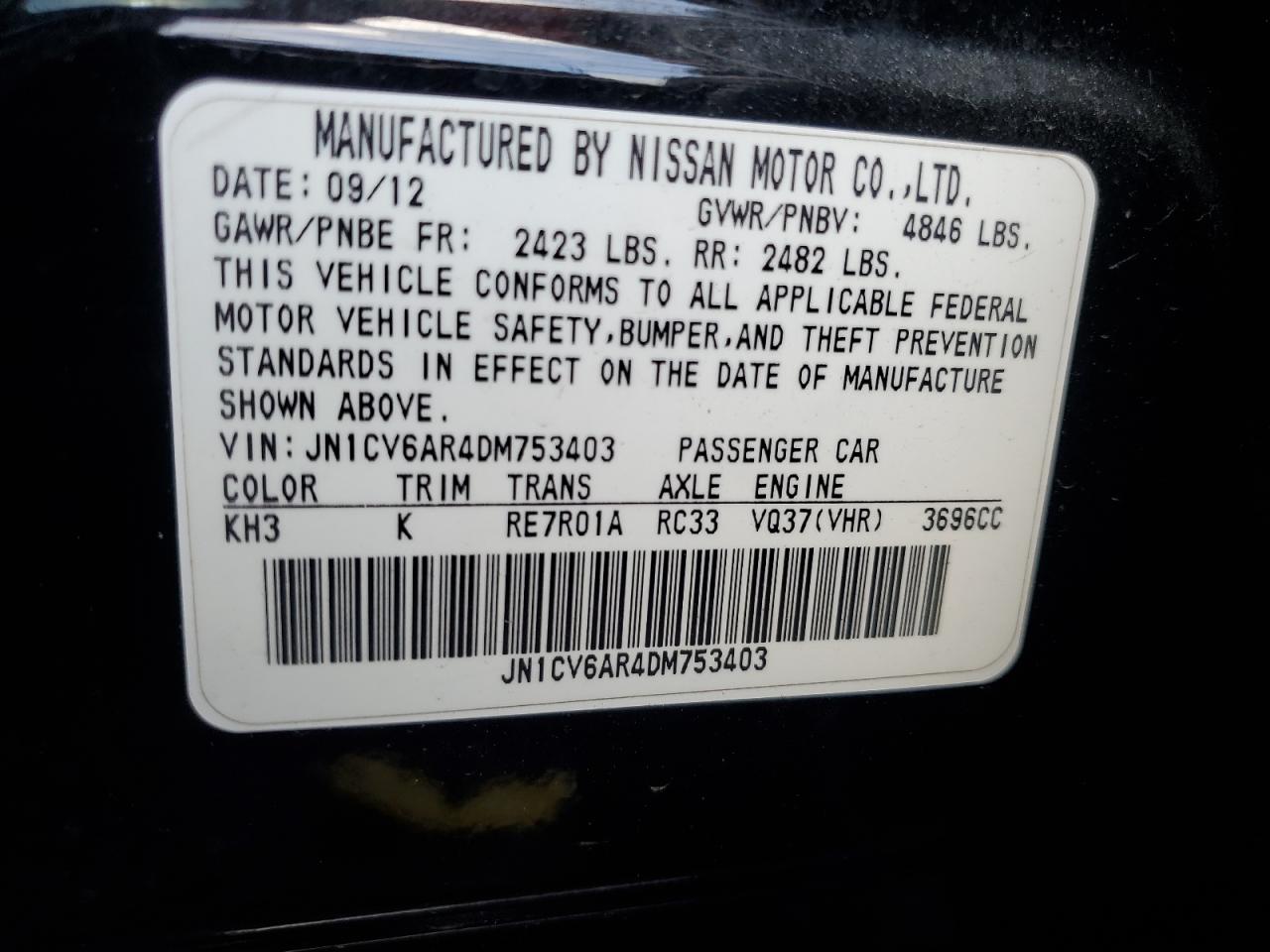 2013 Infiniti G37 VIN: JN1CV6AR4DM753403 Lot: 61045545