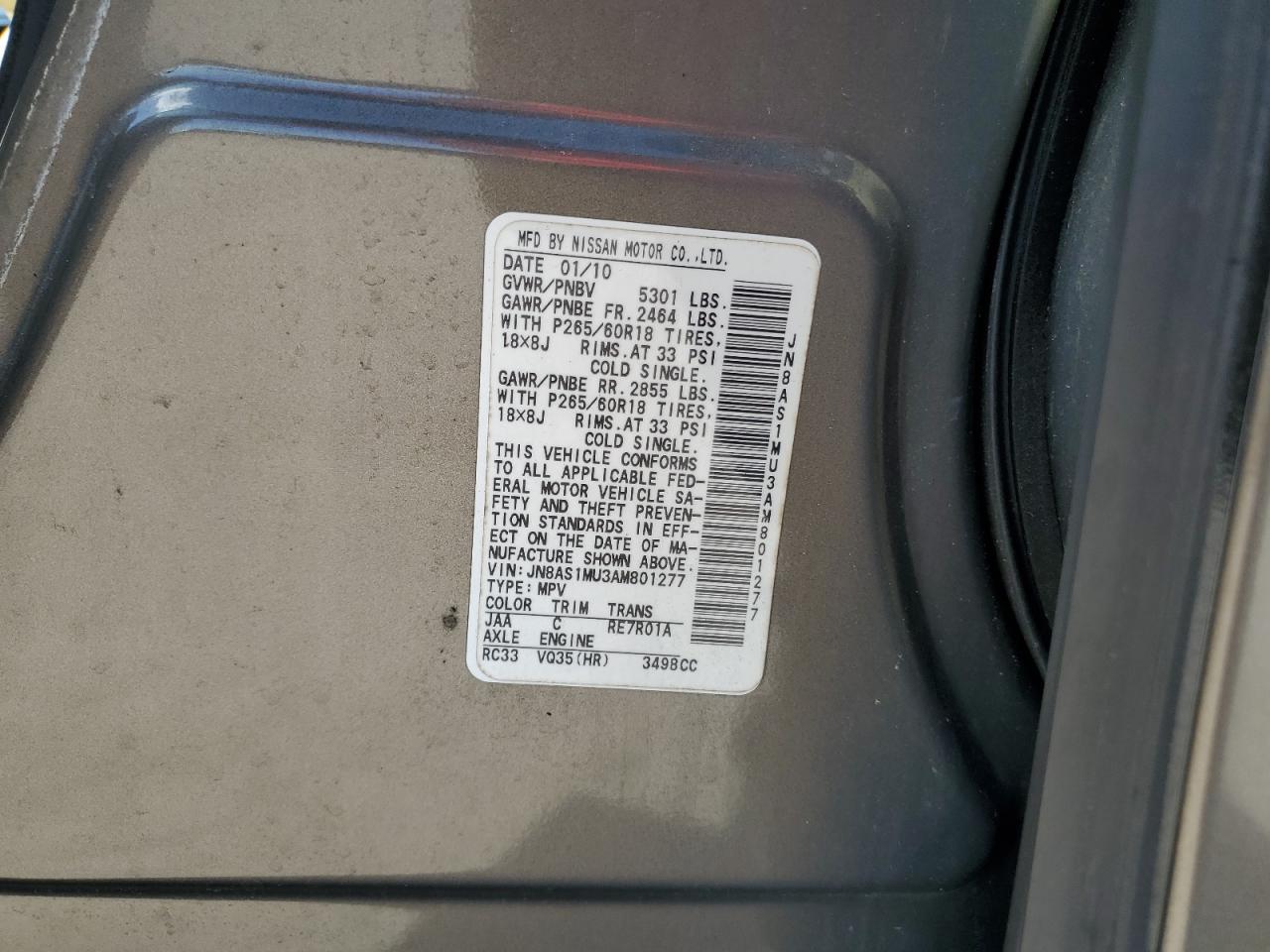 2010 Infiniti Fx35 VIN: JN8AS1MU3AM801277 Lot: 82538795