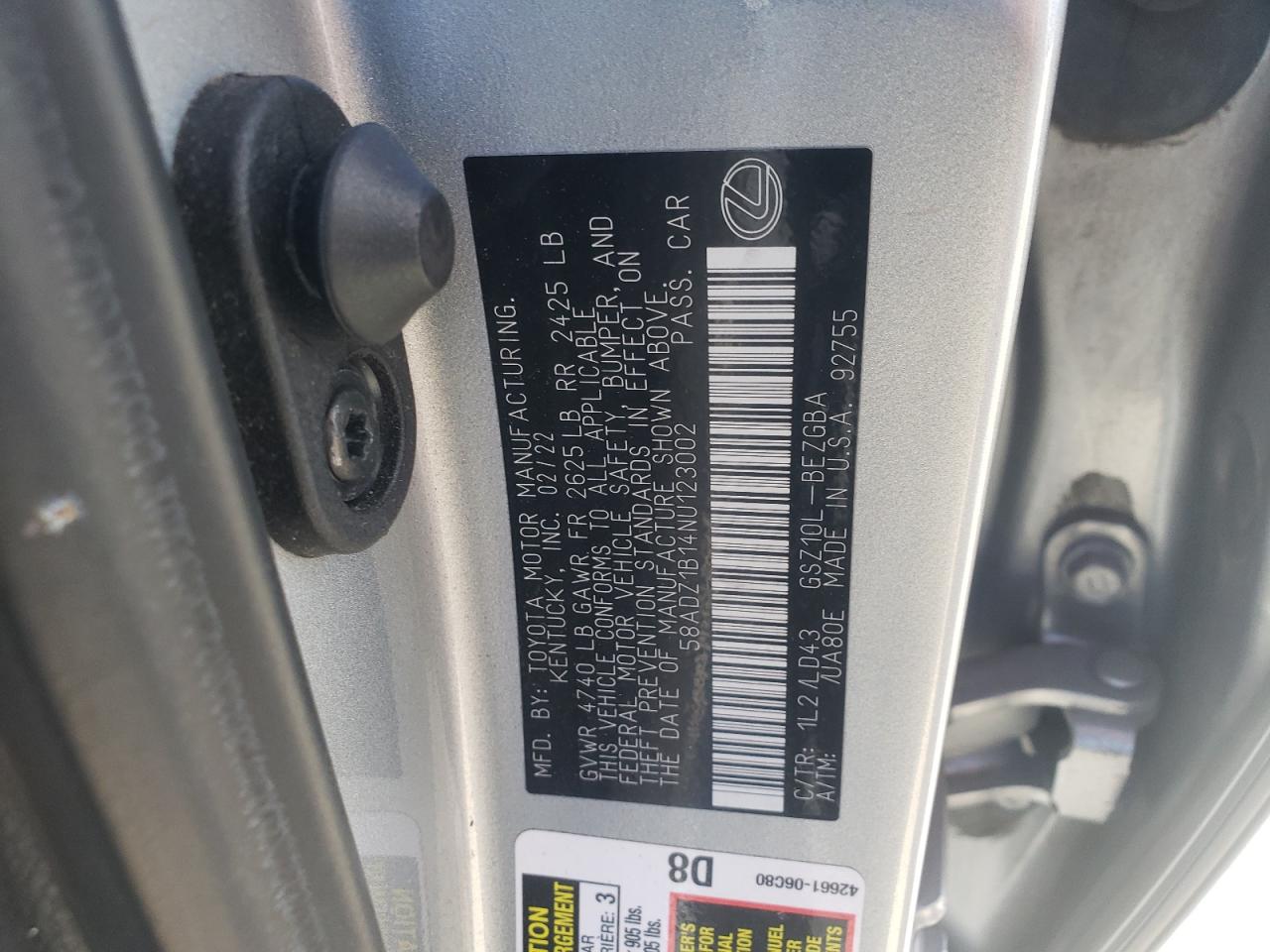 2022 Lexus Es 350 Base VIN: 58ADZ1B14NU123002 Lot: 82478245