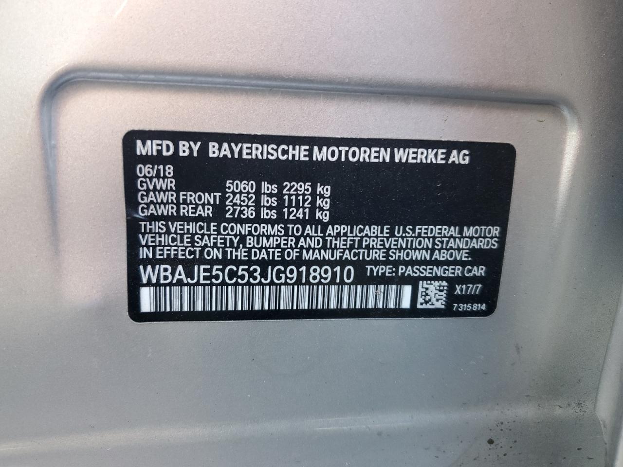 2018 BMW 540 I VIN: WBAJE5C53JG918910 Lot: 82655075