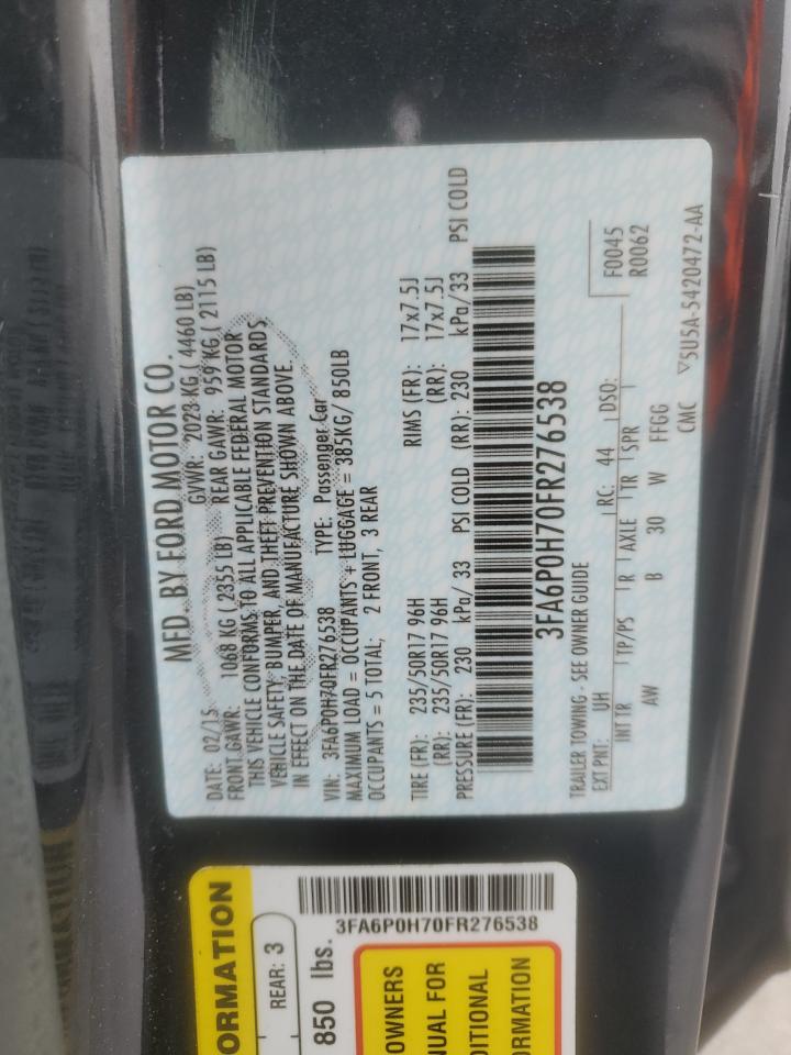 2015 Ford Fusion Se VIN: 3FA6P0H70FR276538 Lot: 89520885