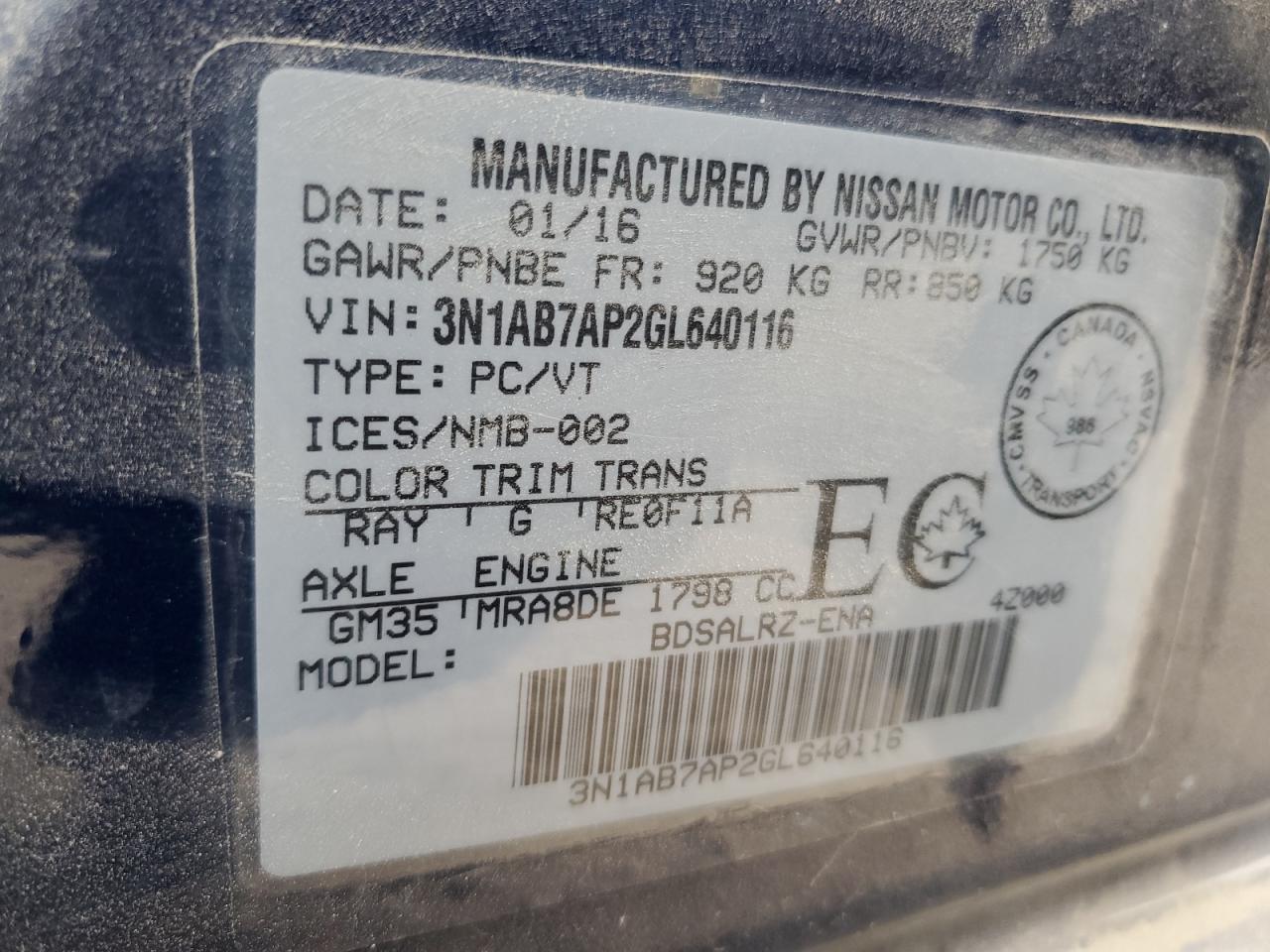 2016 Nissan Sentra S VIN: 3N1AB7AP2GL640116 Lot: 87061055