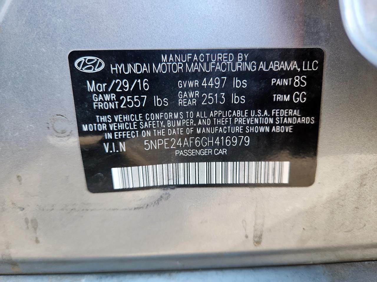 2016 Hyundai Sonata Se VIN: 5NPE24AF6GH416979 Lot: 84368015