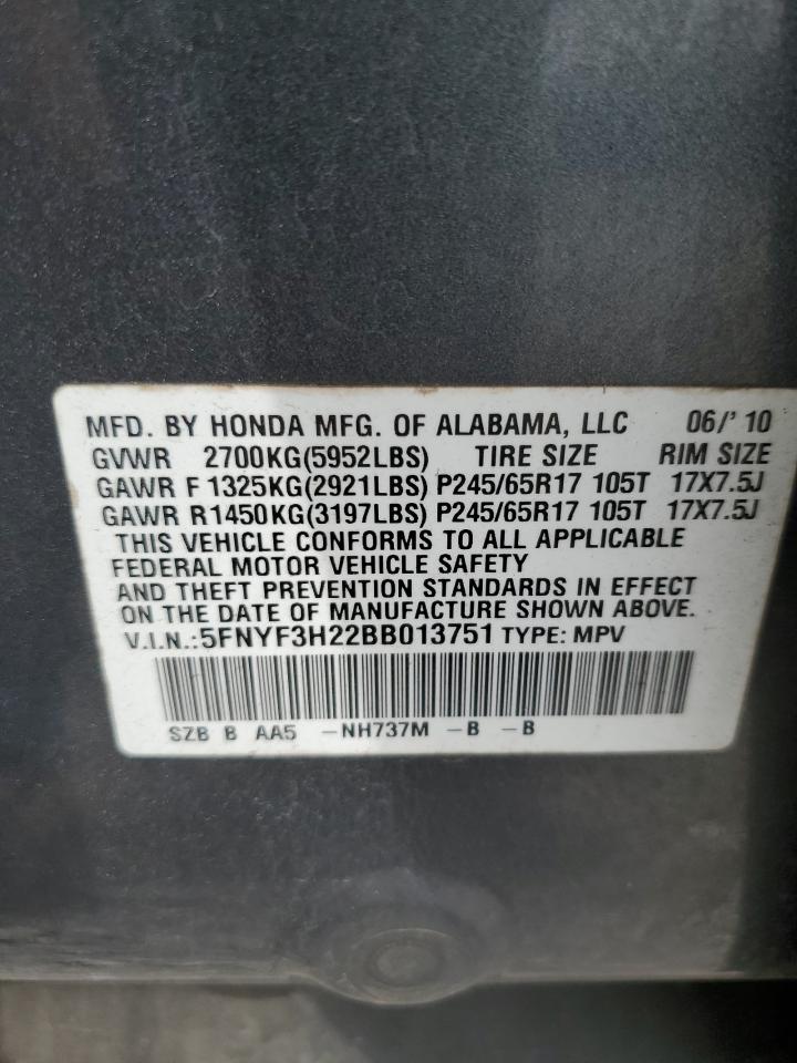 2011 Honda Pilot Lx VIN: 5FNYF3H22BB013751 Lot: 85755005