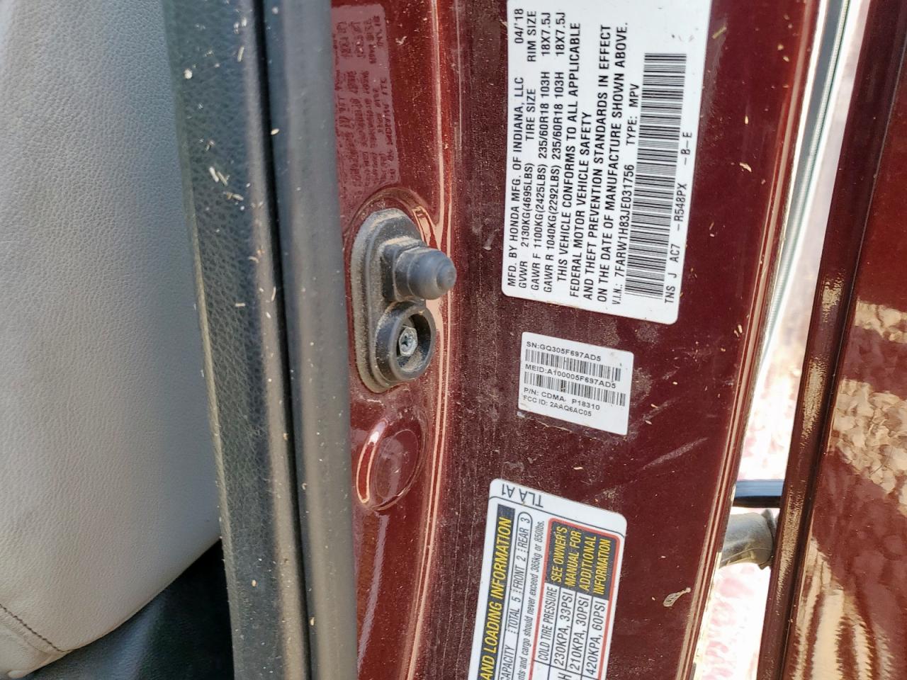 2018 Honda Cr-V Exl VIN: 7FARW1H83JE031756 Lot: 84015405