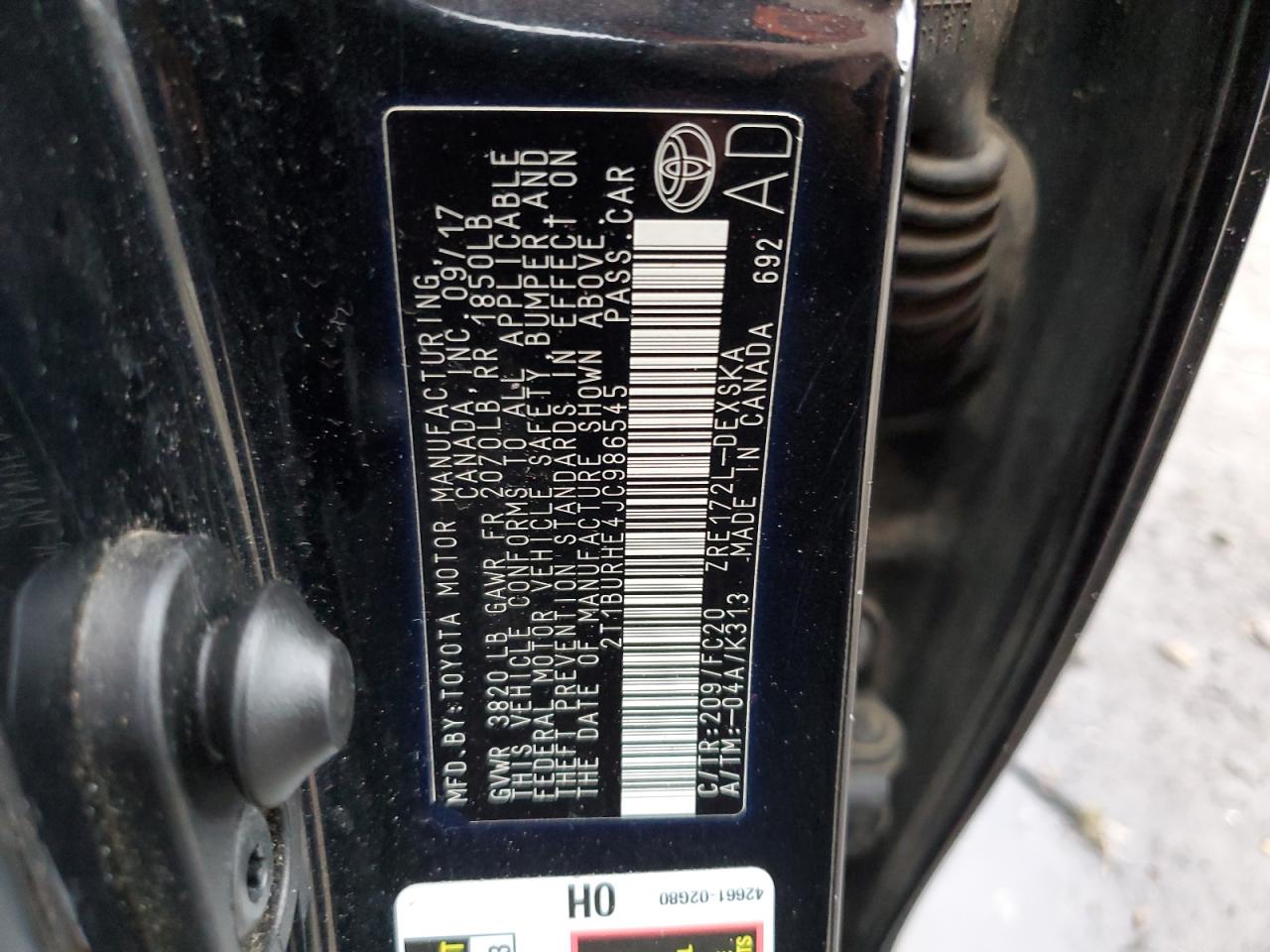 2018 Toyota Corolla L VIN: 2T1BURHE4JC986545 Lot: 85358055