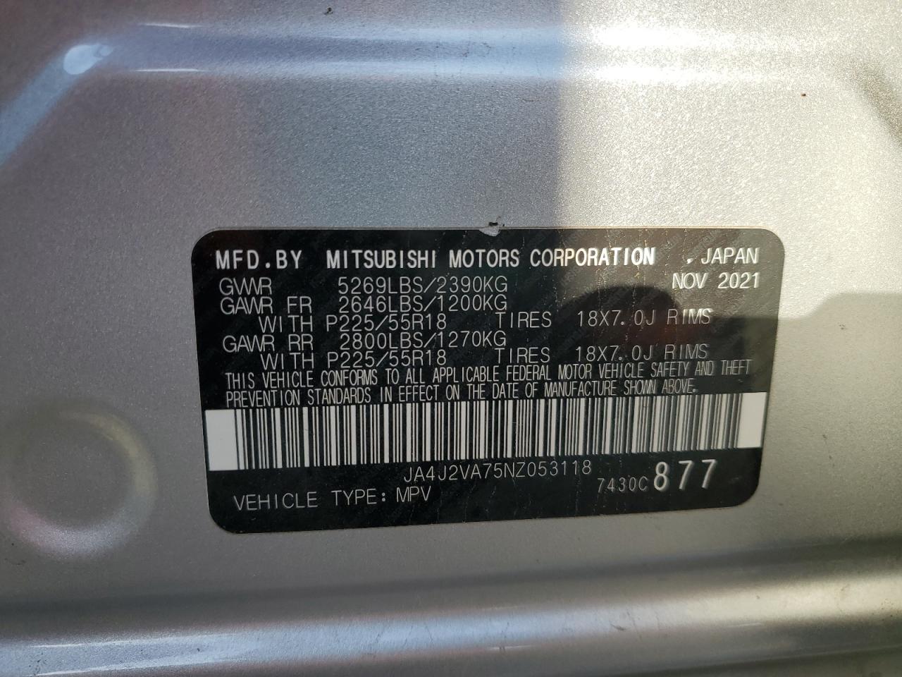 2022 Mitsubishi Outlander Sel VIN: JA4J2VA75NZ053118 Lot: 89864605