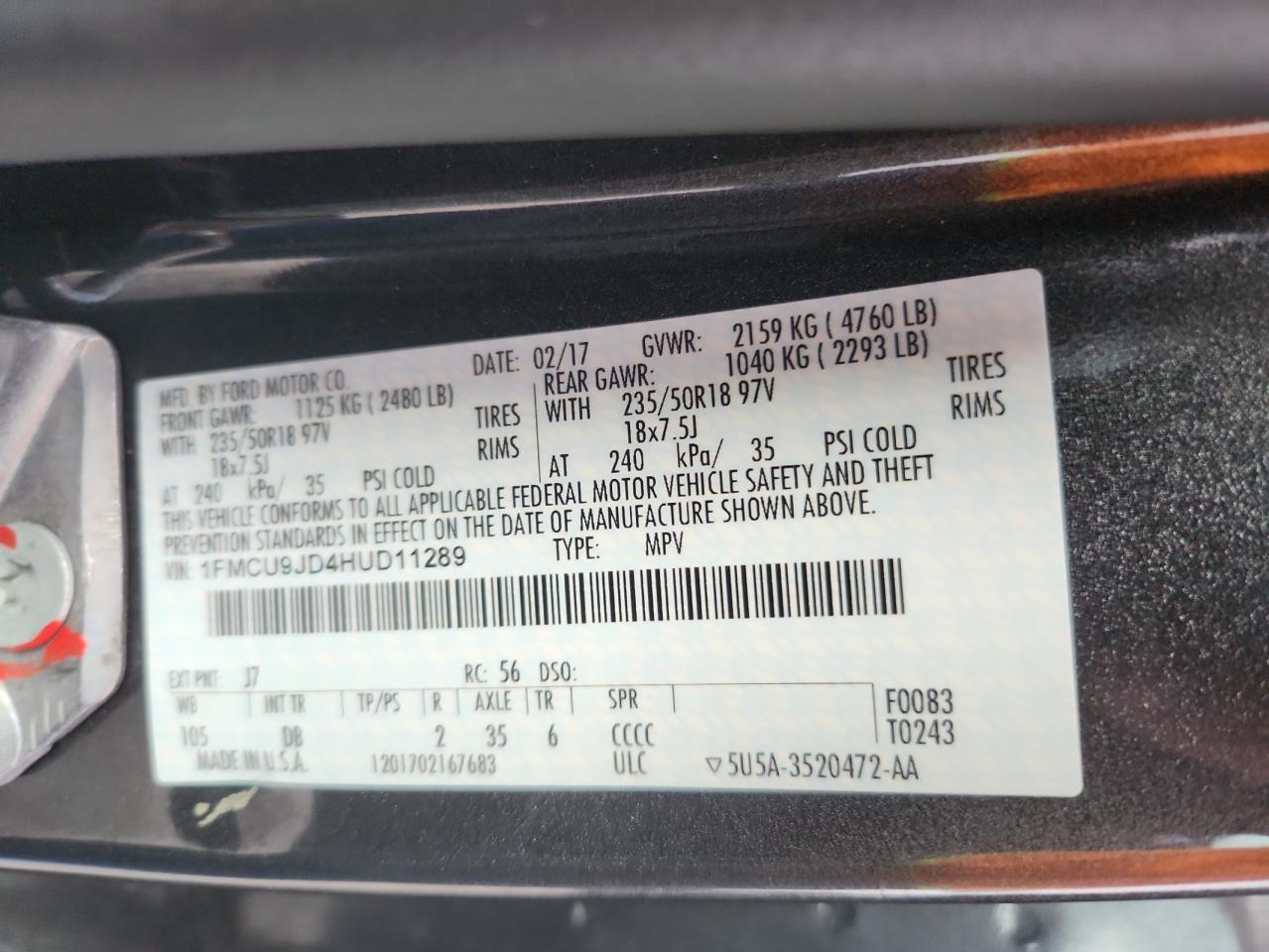 2017 Ford Escape Titanium VIN: 1FMCU9JD4HUD11289 Lot: 85590715