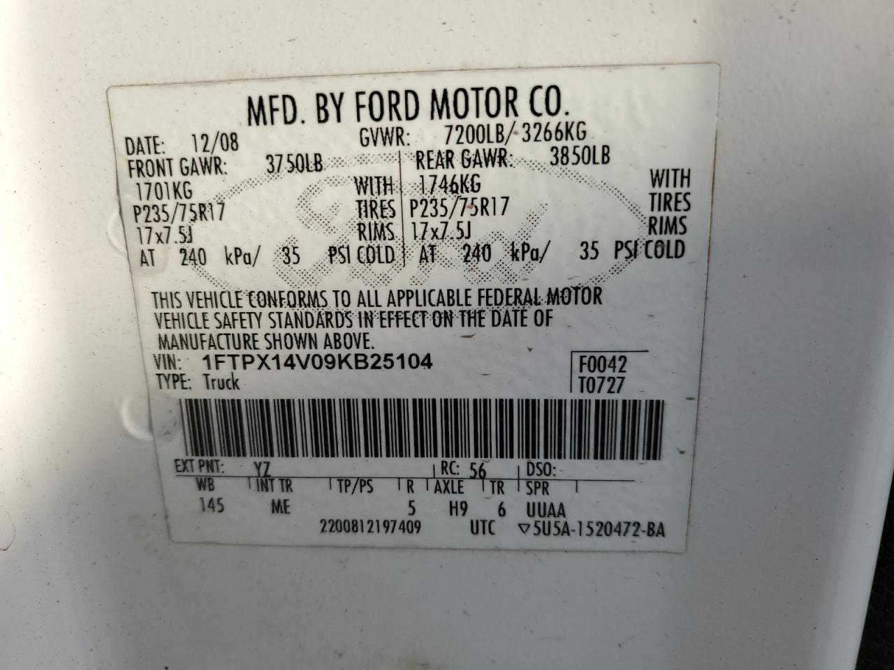 2009 Ford F150 Super Cab VIN: 1FTPX14V09KB25104 Lot: 84975765