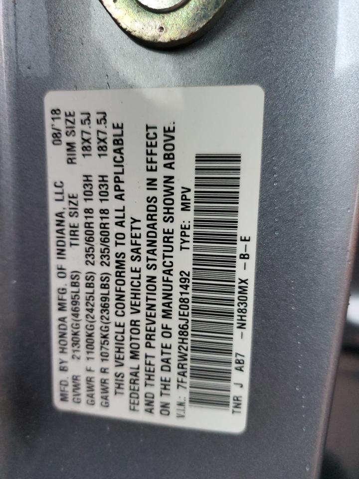 2018 Honda Cr-V Exl VIN: 7FARW2H86JE081492 Lot: 89671185