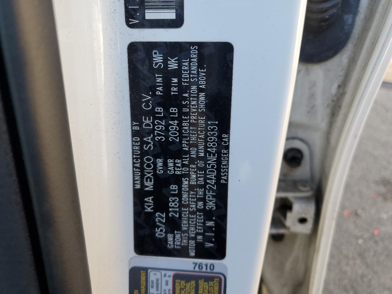 2022 Kia Forte Fe VIN: 3KPF24AD5NE489331 Lot: 87074505