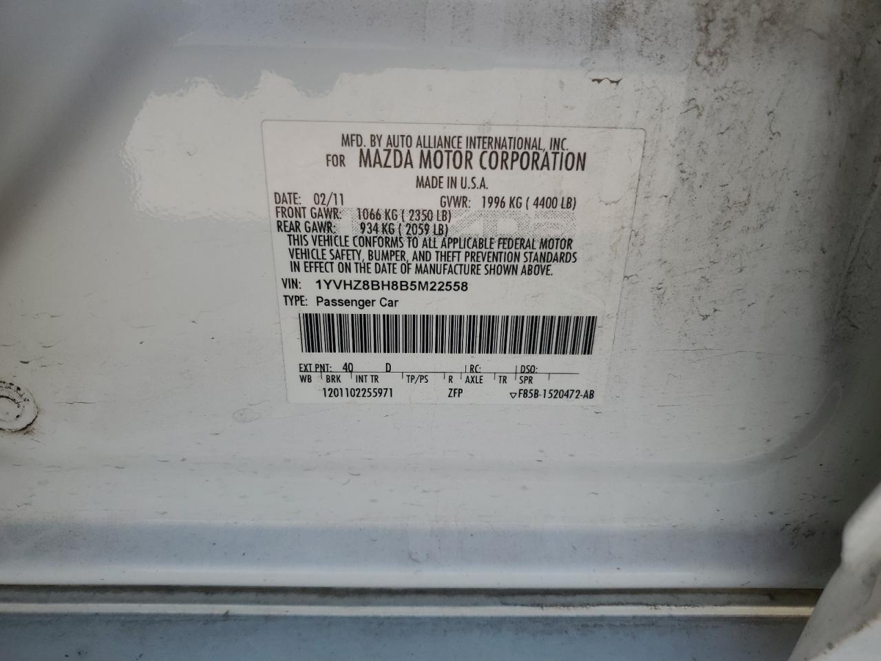 2011 Mazda 6 I VIN: 1YVHZ8BH8B5M22558 Lot: 81866605